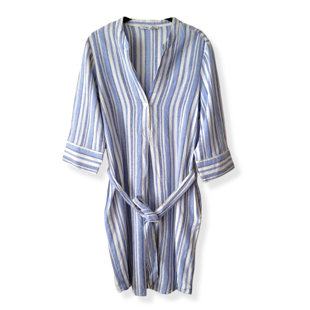 NWT Dex Linen Blend  Midi Dress Size S Blue White Striped Crop Sleeve